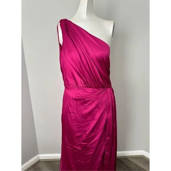 NWT Ieena for Mac Duggal One Shoulder Slit Satin Faux Wrap Maxi Gown Berry Sz 6 - Picture 12 of 13